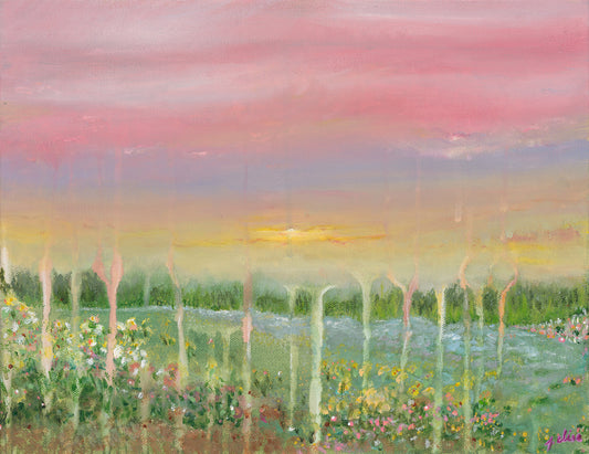Artistic depiction of flamingos in a field with a colorful sky
