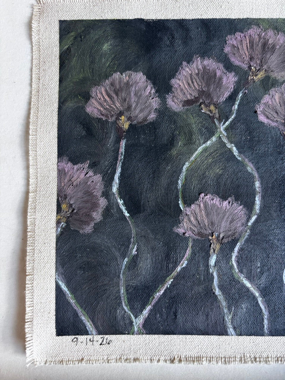 A square canvas painting with a textured off-white fringed border, depicting purple flowers with long white stems against a dark, moody background. Signed '9-14-24' in the bottom-left corner.