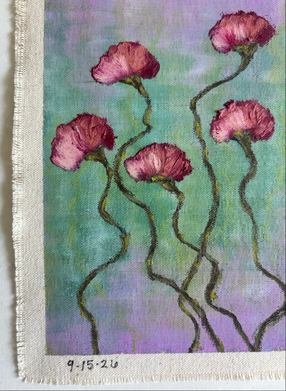A textured canvas painting featuring five pink flowers with long, wavy dark stems on a mottled background of teal, green, and purple. The canvas has a frayed, off-white woven border and a handwritten date, '9.